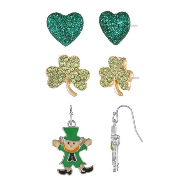 St. Patrick's Day Leprechaun Earrings Trio Set - 3 Pairs Festive Holiday Jewelry - Picture 1 of 3